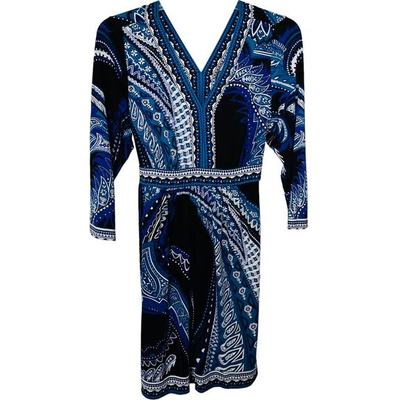 ECI NEW YORK WAIST DRESS WITH TIE, WOMENS, XL, BLUE BLACK WHITE ABSTRACT, V-NECK - Picture 1 of 11